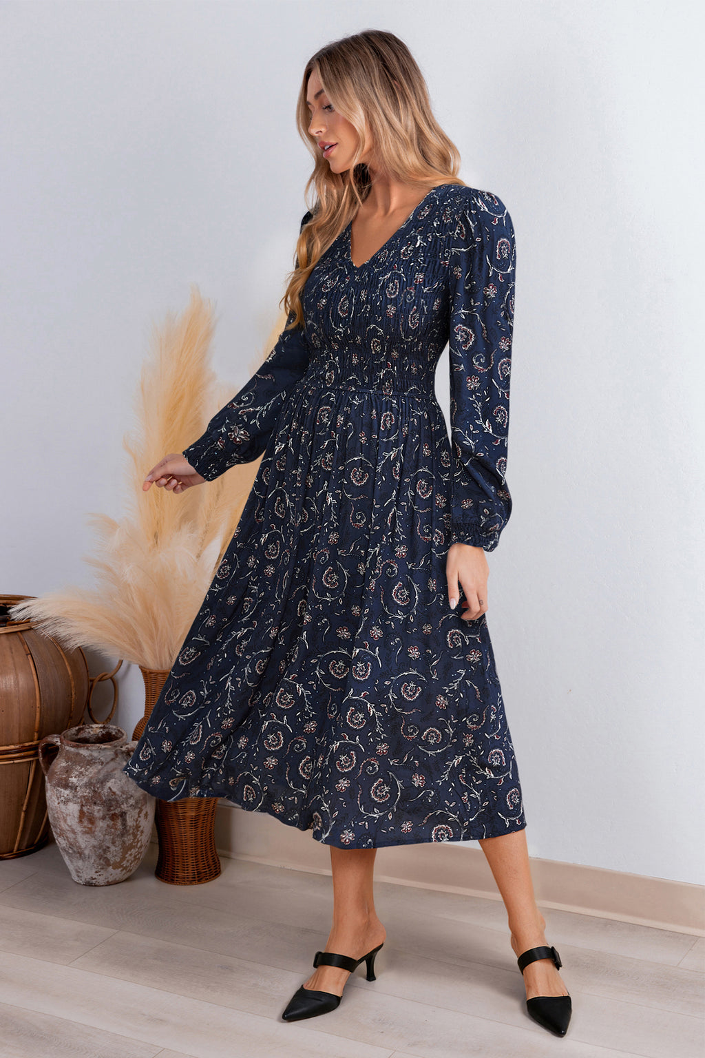 Navy Langärmeliges Gesmoktes Maxikleid mit Blumenmuster