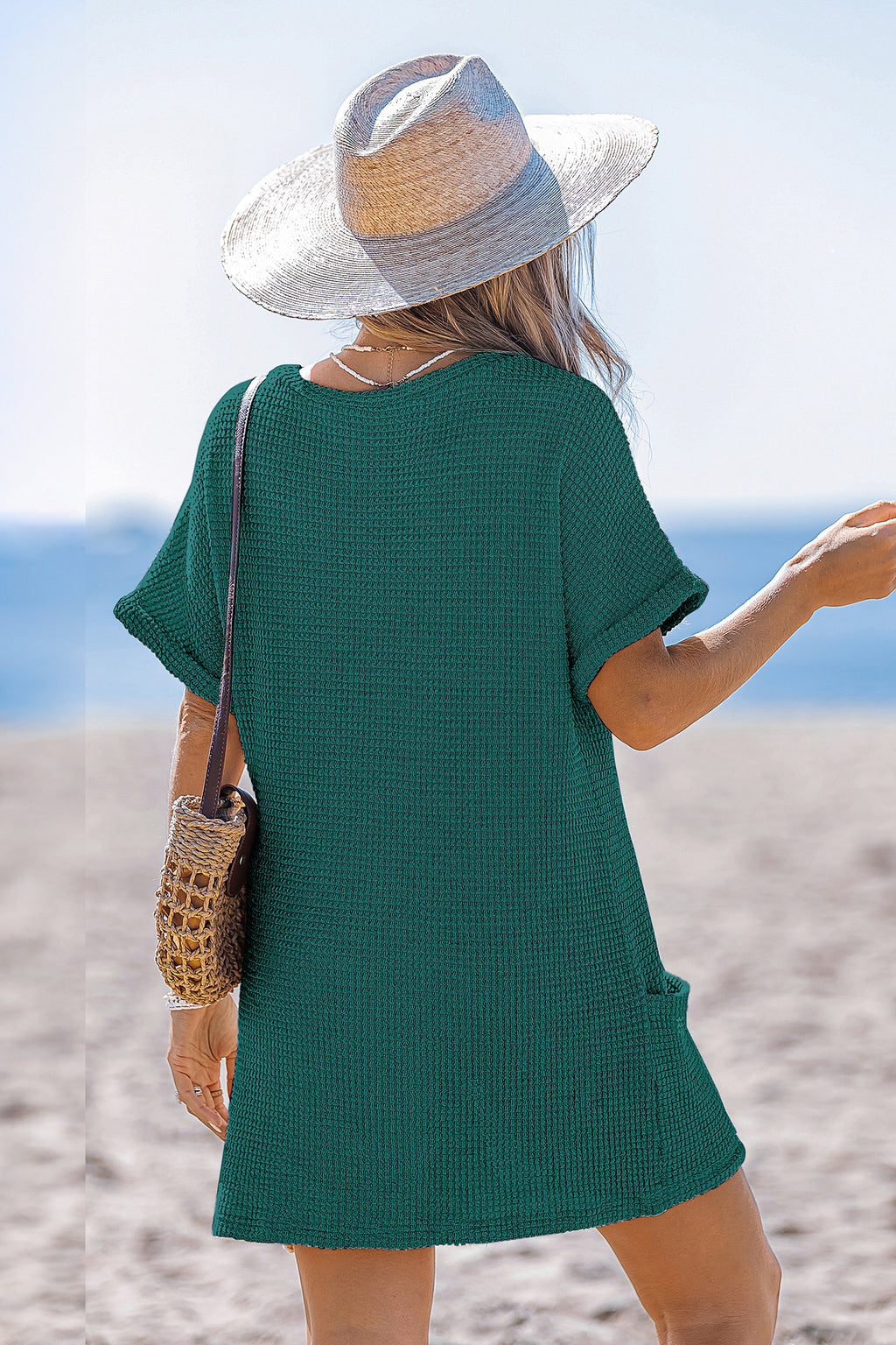 Türkisfarbenes V-Ausschnitt Kurzarm Mini-Strandkleid