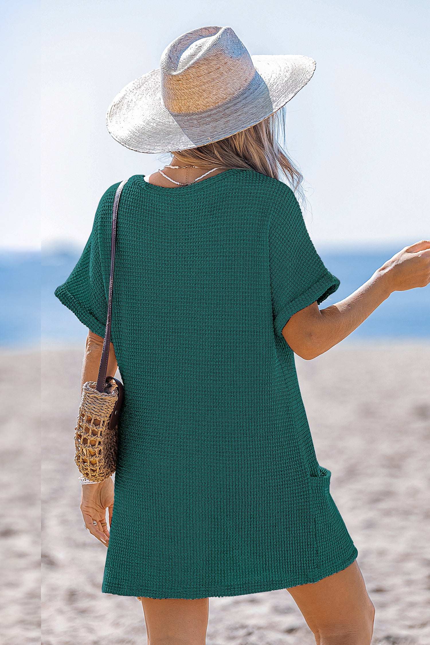 Türkisfarbenes V-Ausschnitt Kurzarm Mini-Strandkleid