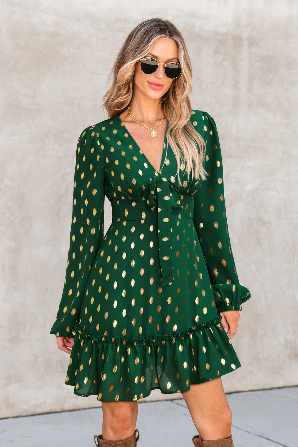 Grünes Polka Dot V-Ausschnitt Lange Ärmel Minikleid