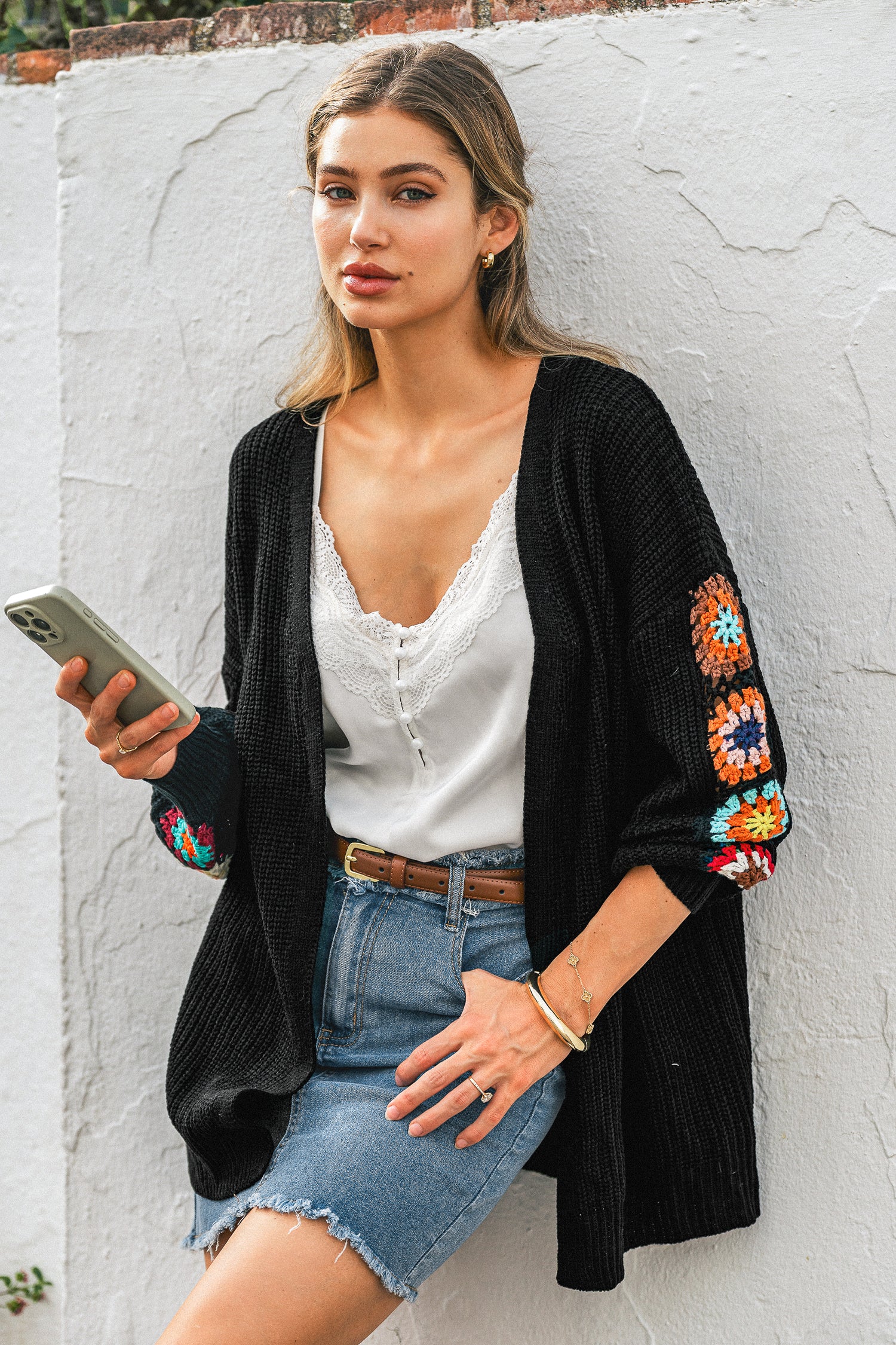 Schwarze Lange Ärmel V-Ausschnitt Strickjacke