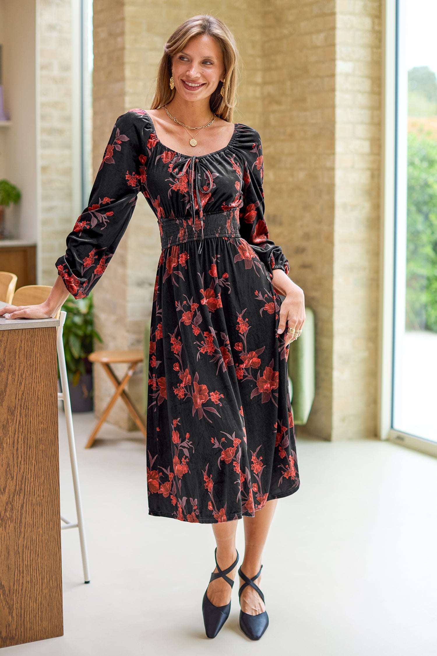 Quadratischer Ausschnitt Lange Ärmel Maxikleid mit Blumenmuster