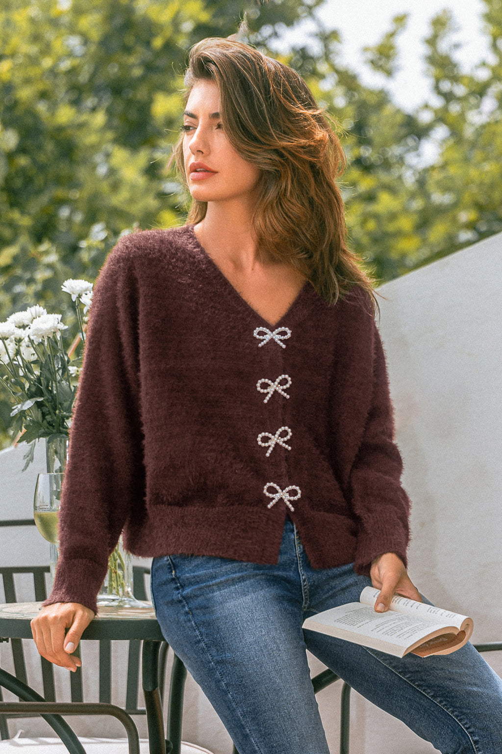 Braune V-Ausschnitt Strickjacke