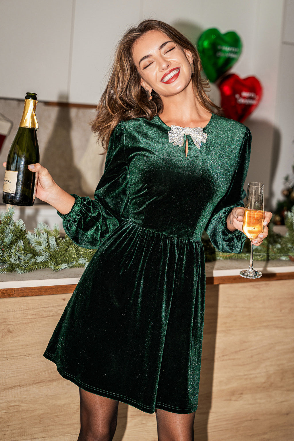 Grünes Schlüsselloch Lange Ärmel Mini-Samtkleid