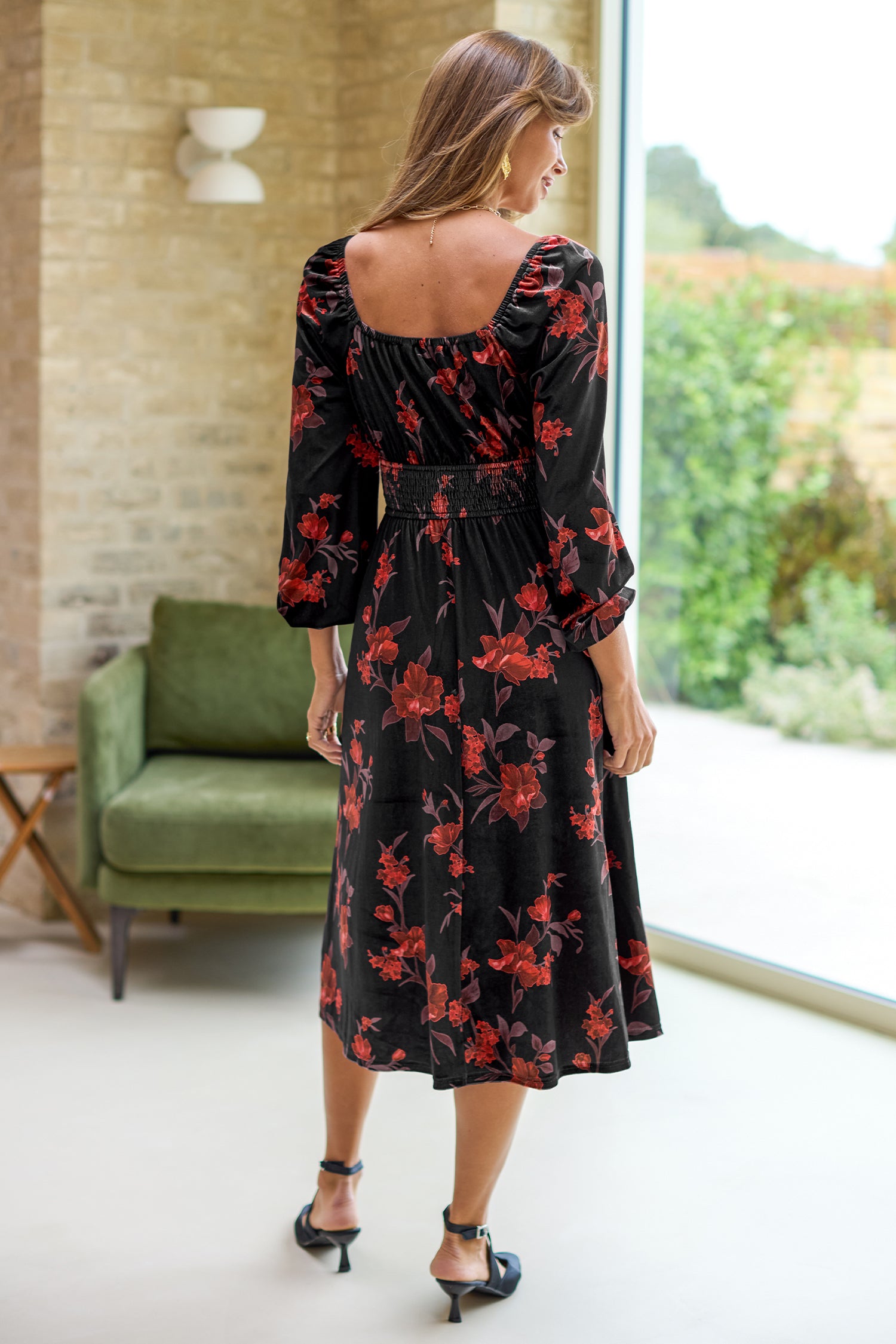 Quadratischer Ausschnitt Lange Ärmel Maxikleid mit Blumenmuster