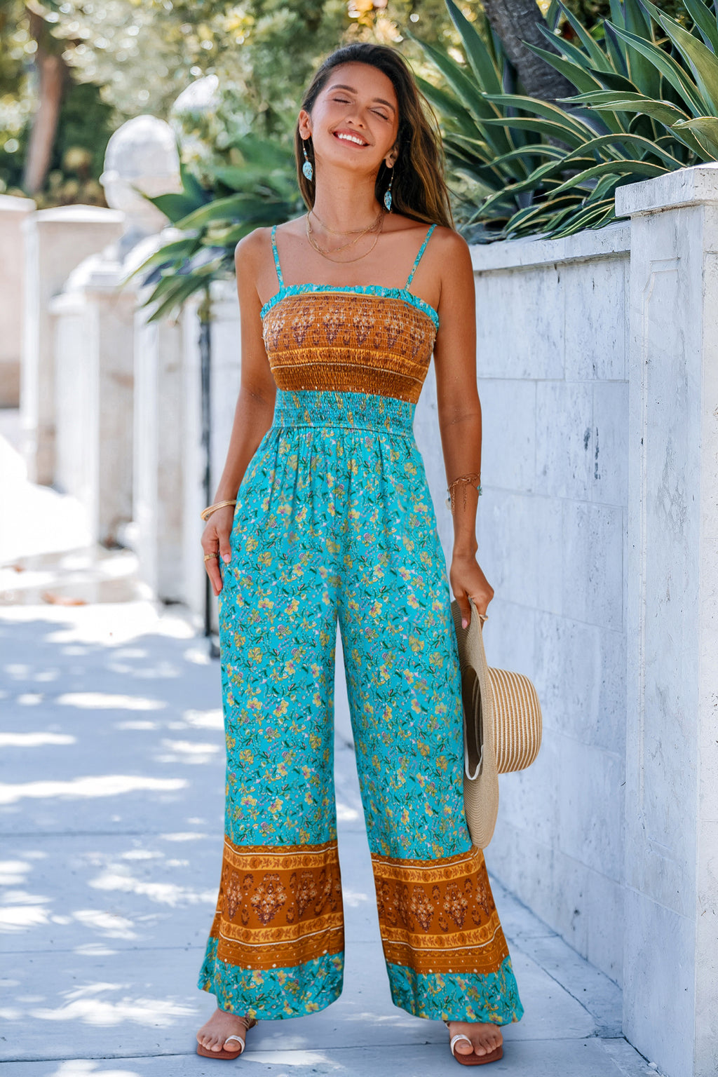 Blauer Boho Quadratischer Ausschnitt Jumpsuit