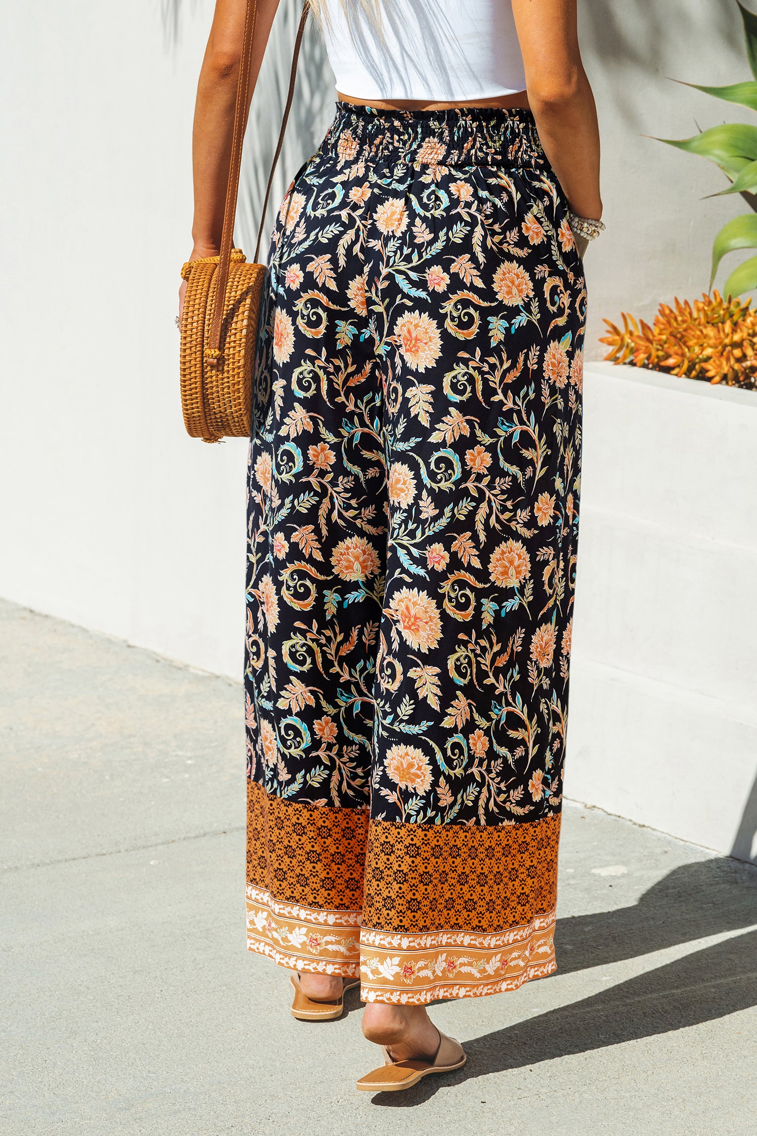 Orange Gesmokte Taille Straight Fit Hose mit Blumenmuster