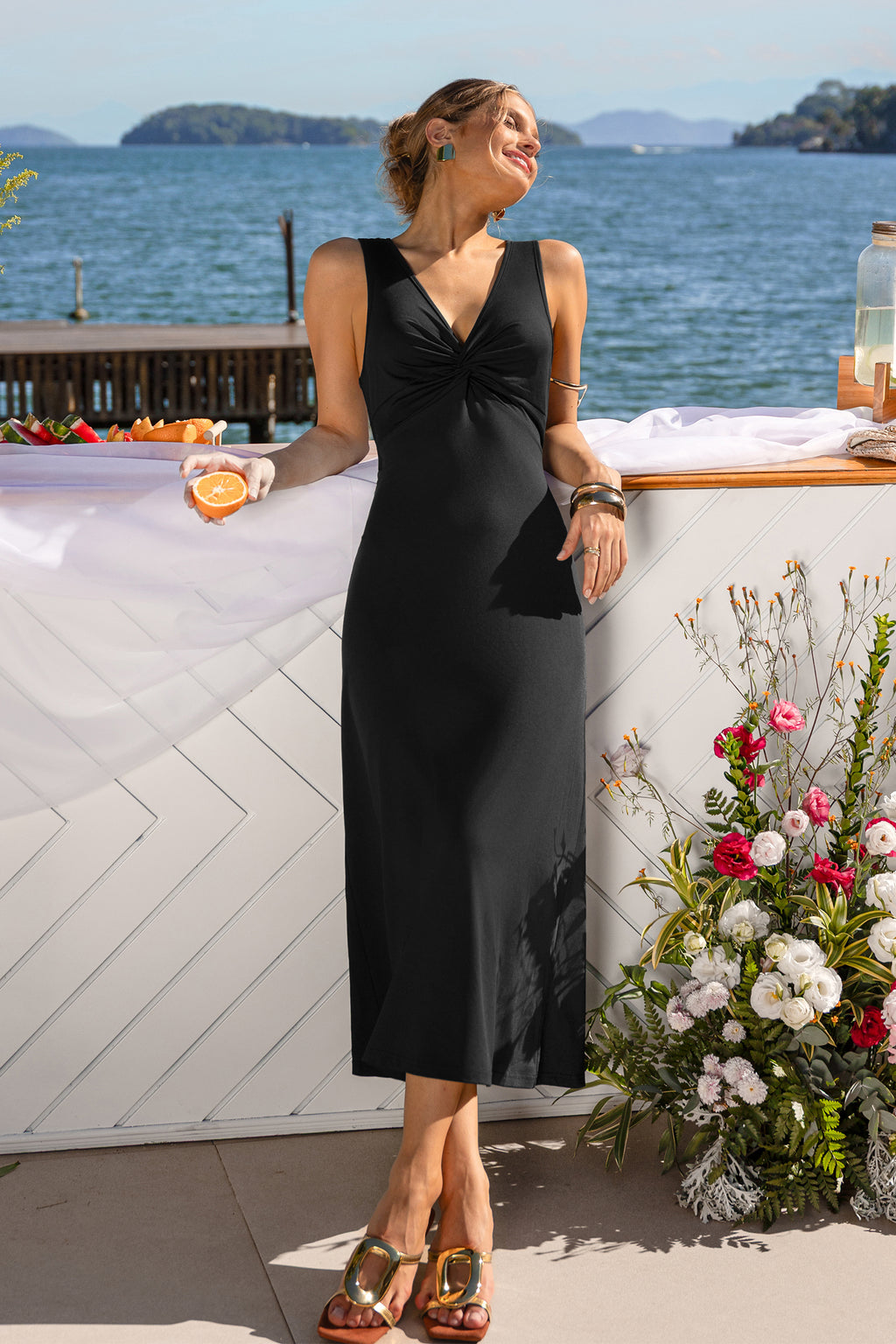 Schwarzes Gerafftes Ärmelloses V-Ausschnitt Midi-Abendkleid
