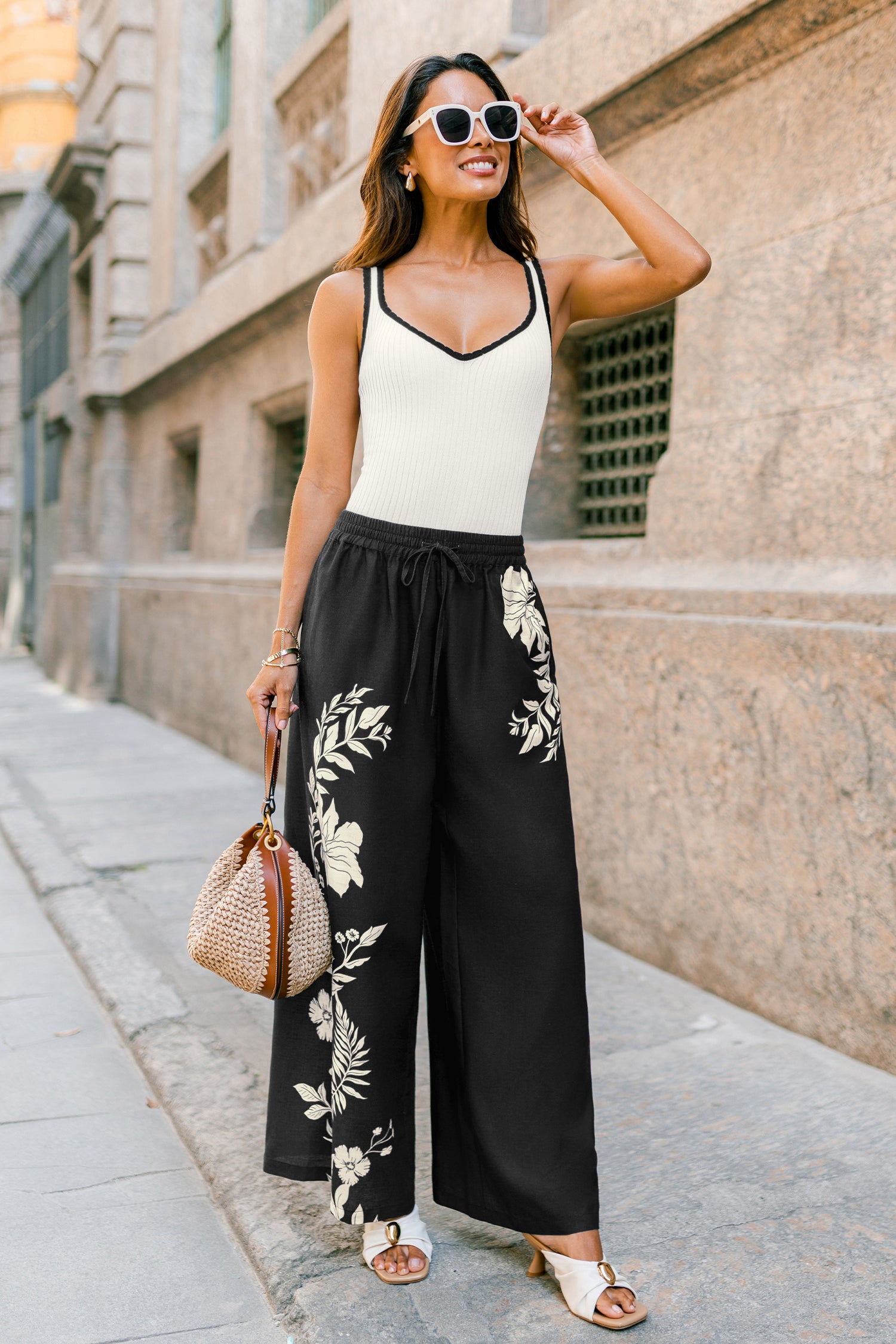 Schwarze Wide-Leg-Sommerhose mit elastischem Bund