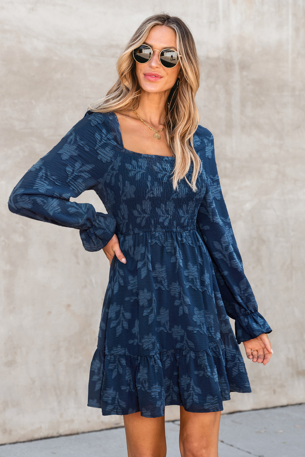 Blaues Geblümtes Quadratischer Ausschnitt Minikleid