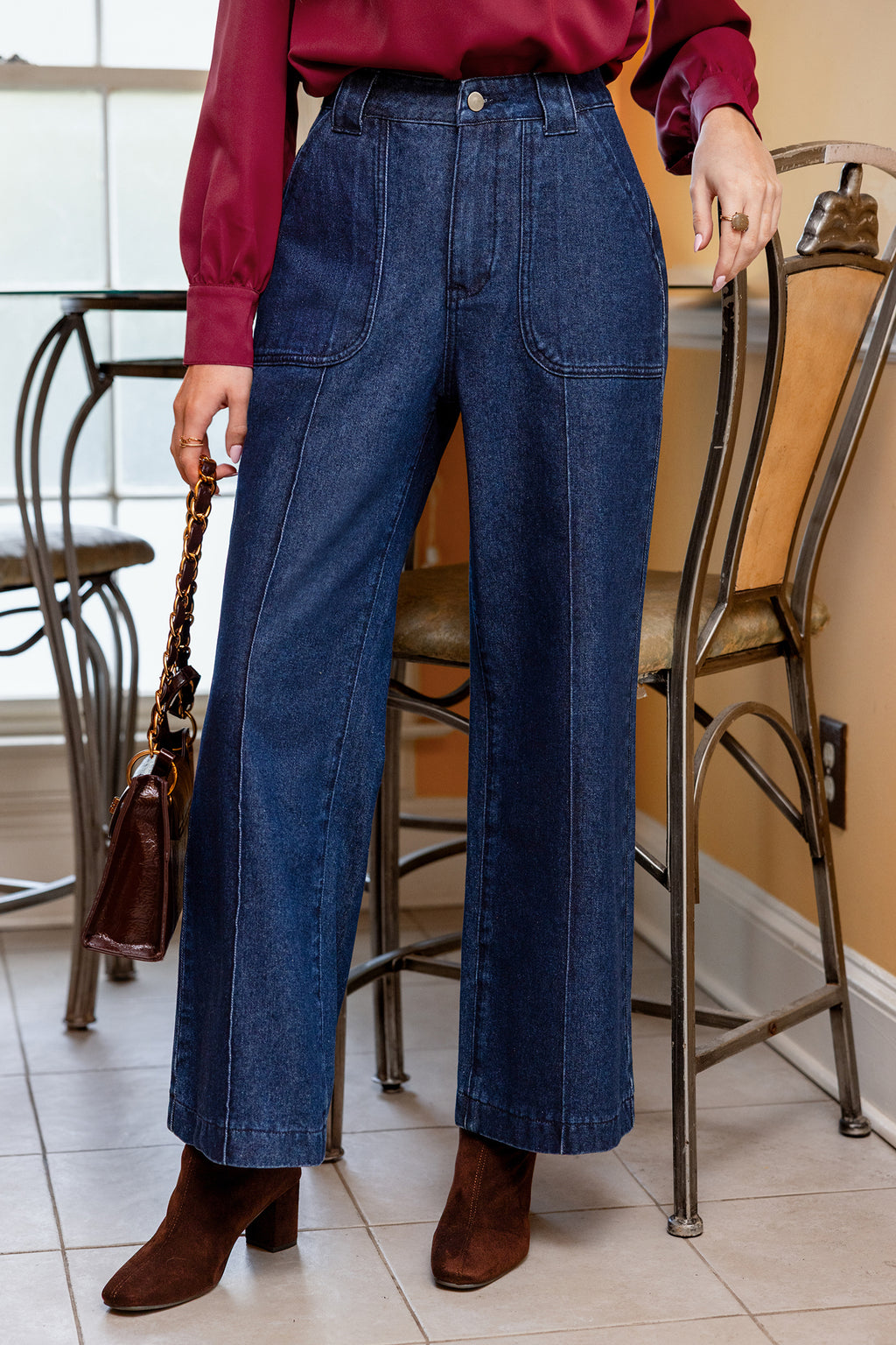 Blaue Wide Leg Jeans mit Tasche