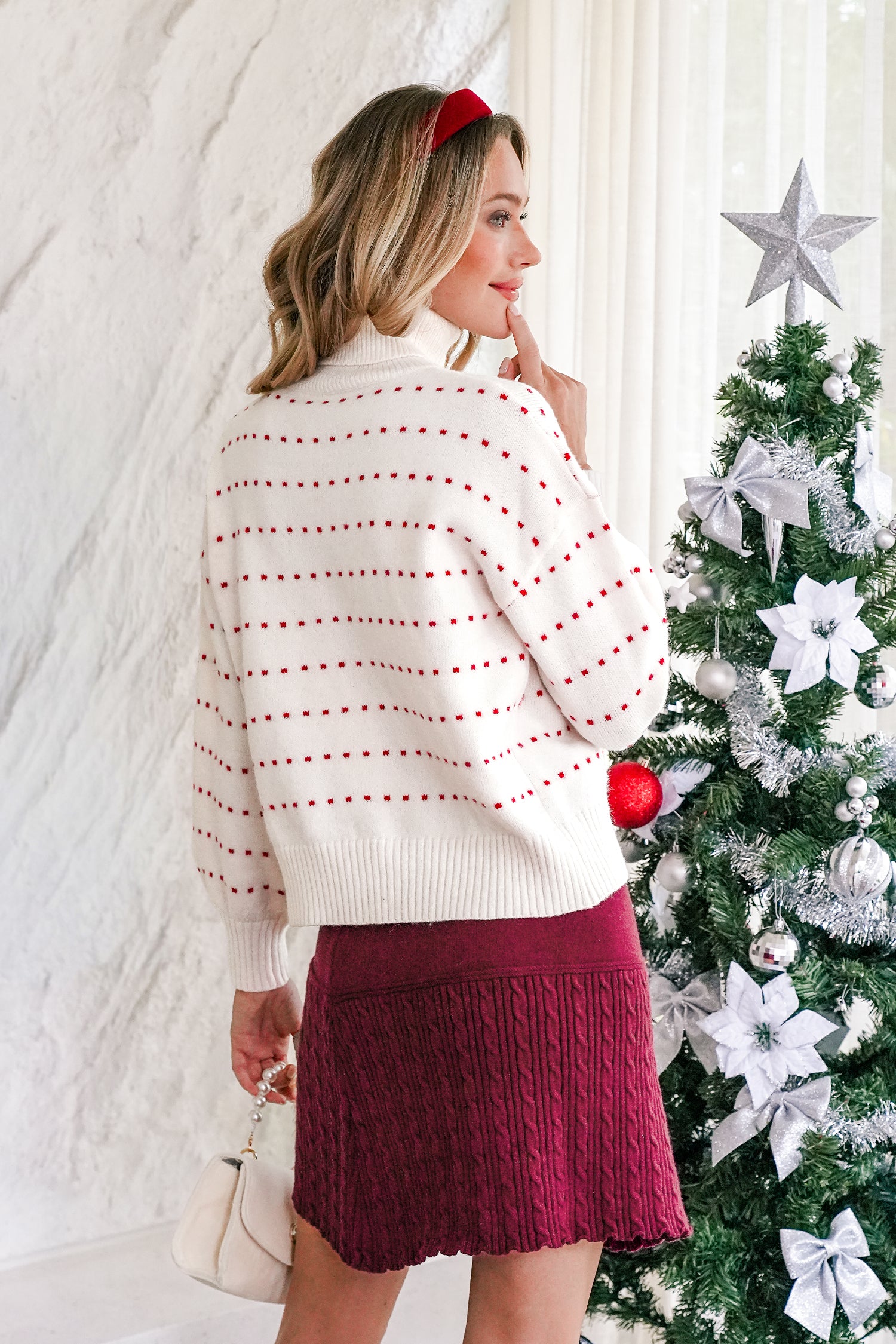 Beiger Gestreifter Rollkragen Pullover