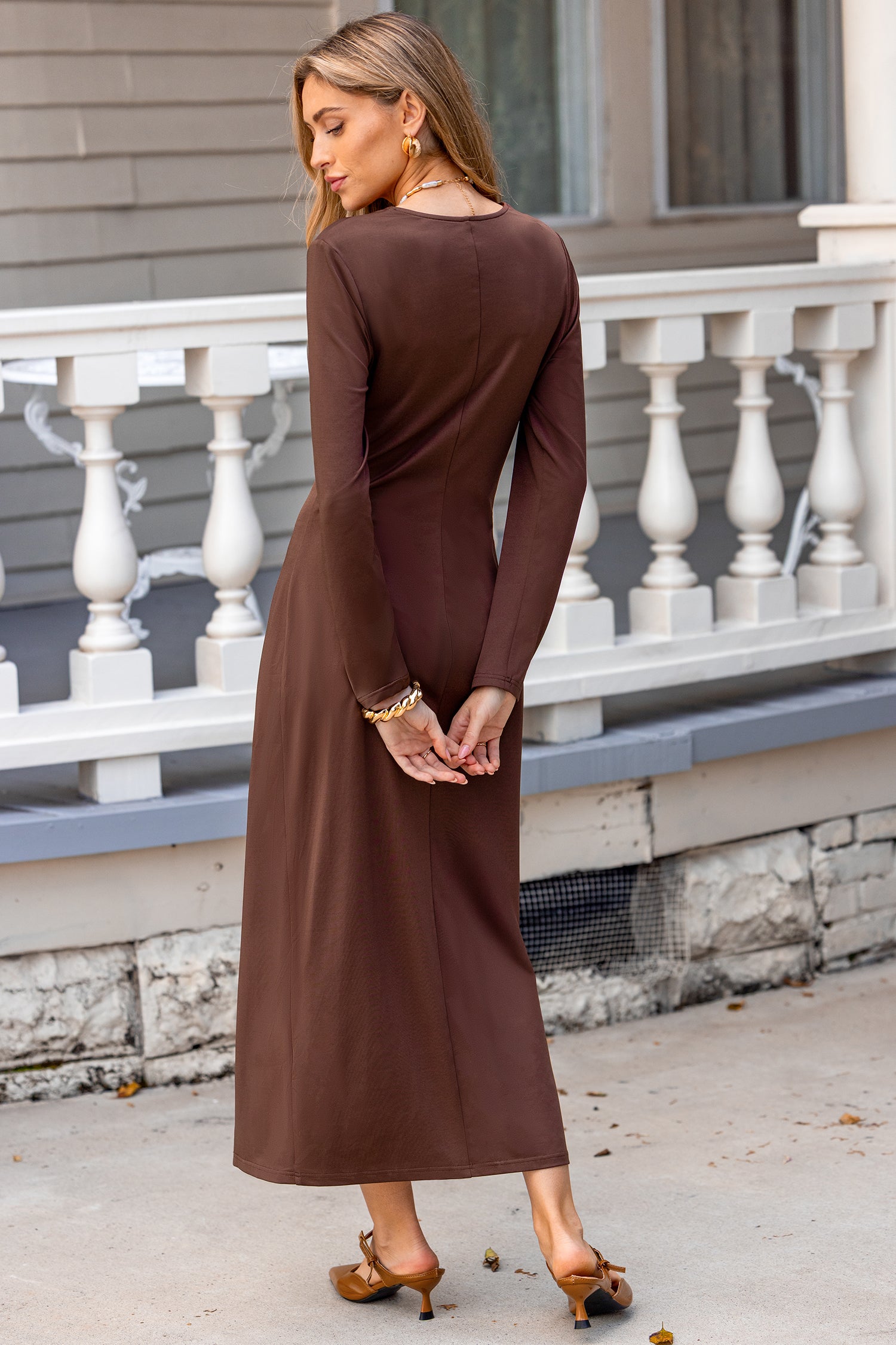 Braunes V-Ausschnitt Lange Ärmel Maxikleid