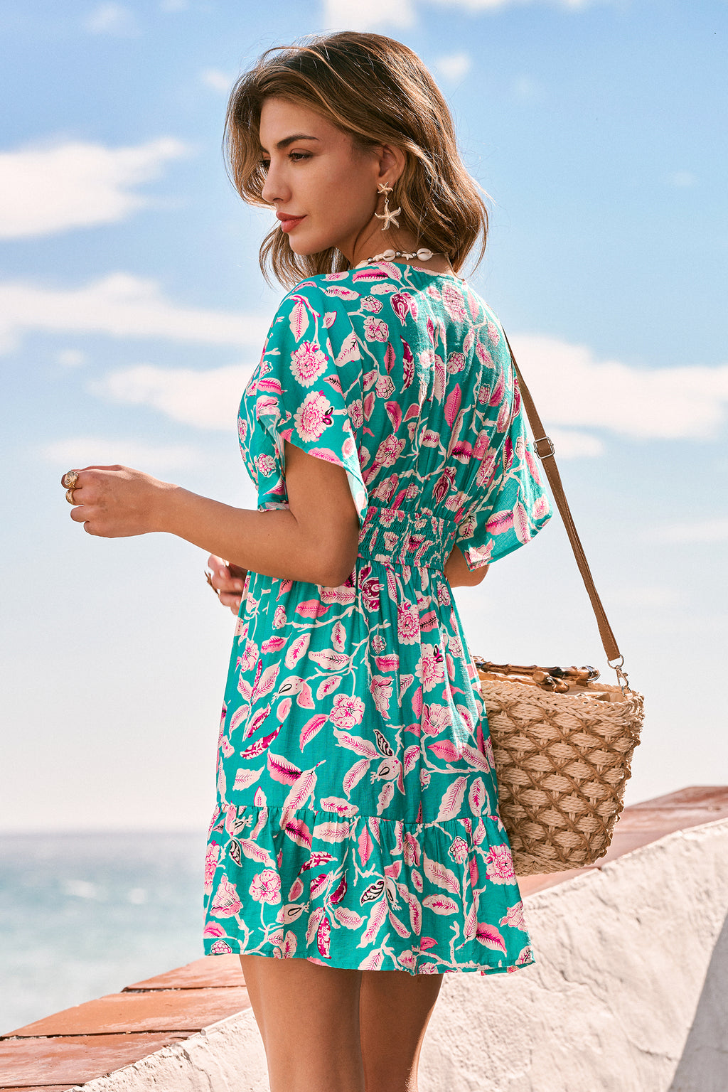 Grünes Tropisches Tiefer Ausschnitt Kurzarm Mini-Sommerkleid