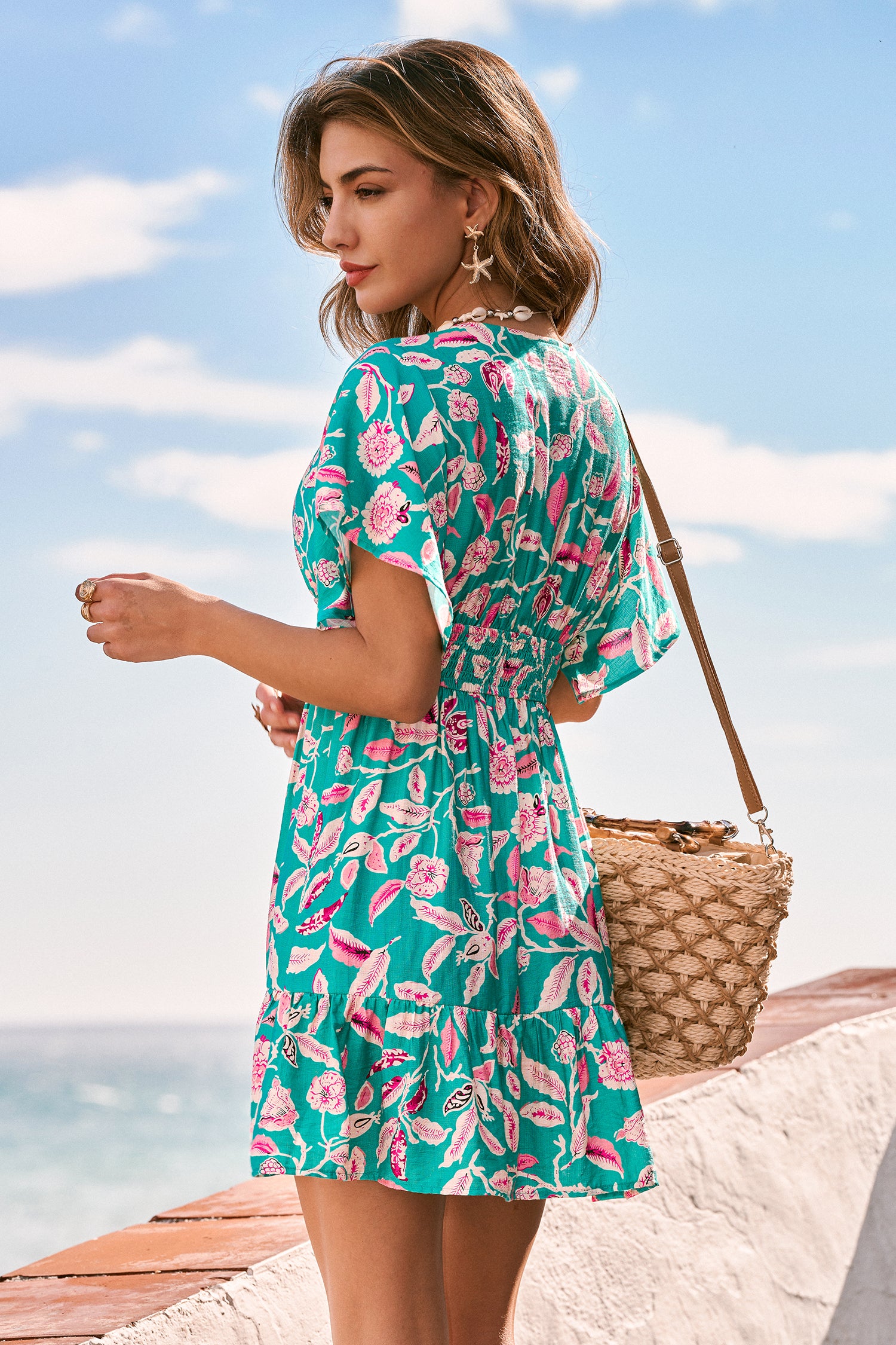 Grünes Tropisches Tiefer Ausschnitt Kurzarm Mini-Sommerkleid