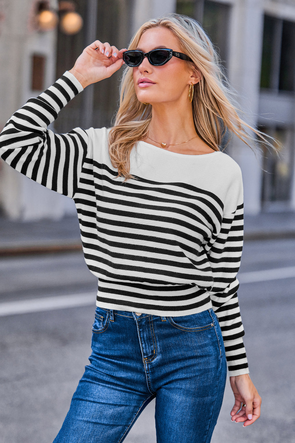 Gestreifter Taillierter Lange Ärmel Pullover
