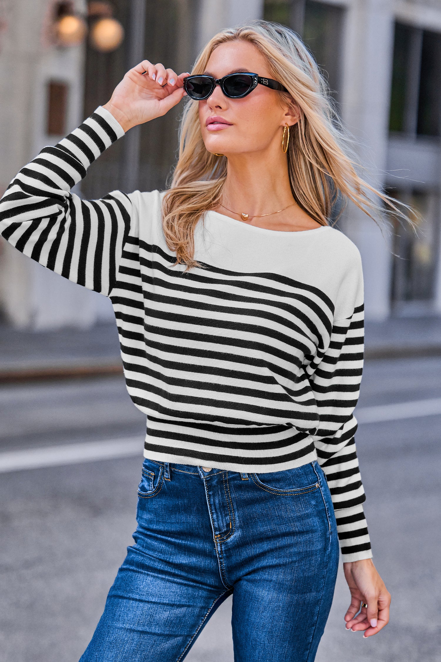 Gestreifter Taillierter Lange Ärmel Pullover