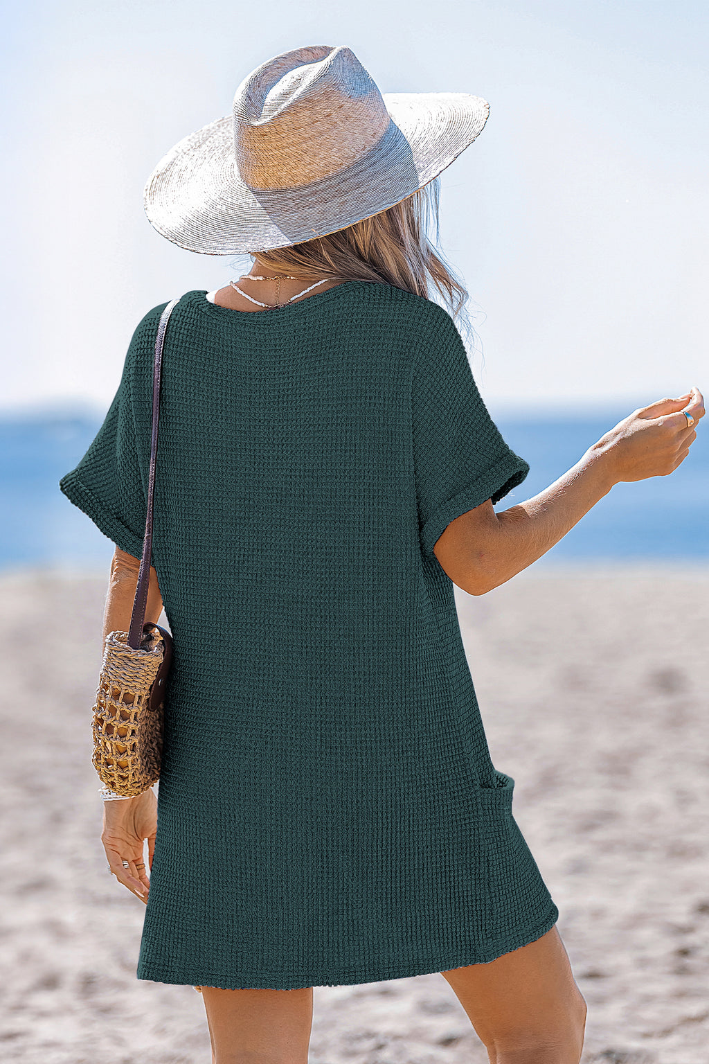 Grünes V-Ausschnitt Mini-Strandkleid