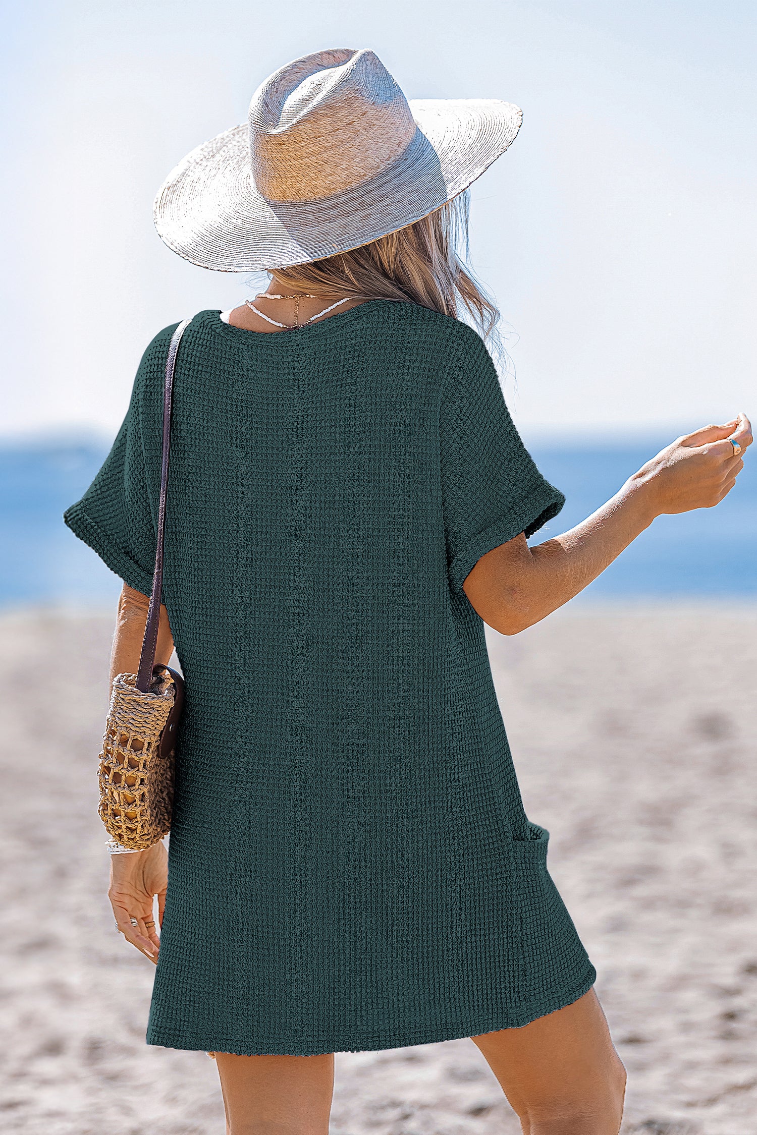 Grünes V-Ausschnitt Mini-Strandkleid