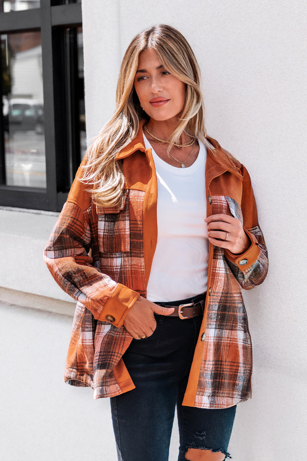Orange Karierte Jacke mit Taschen