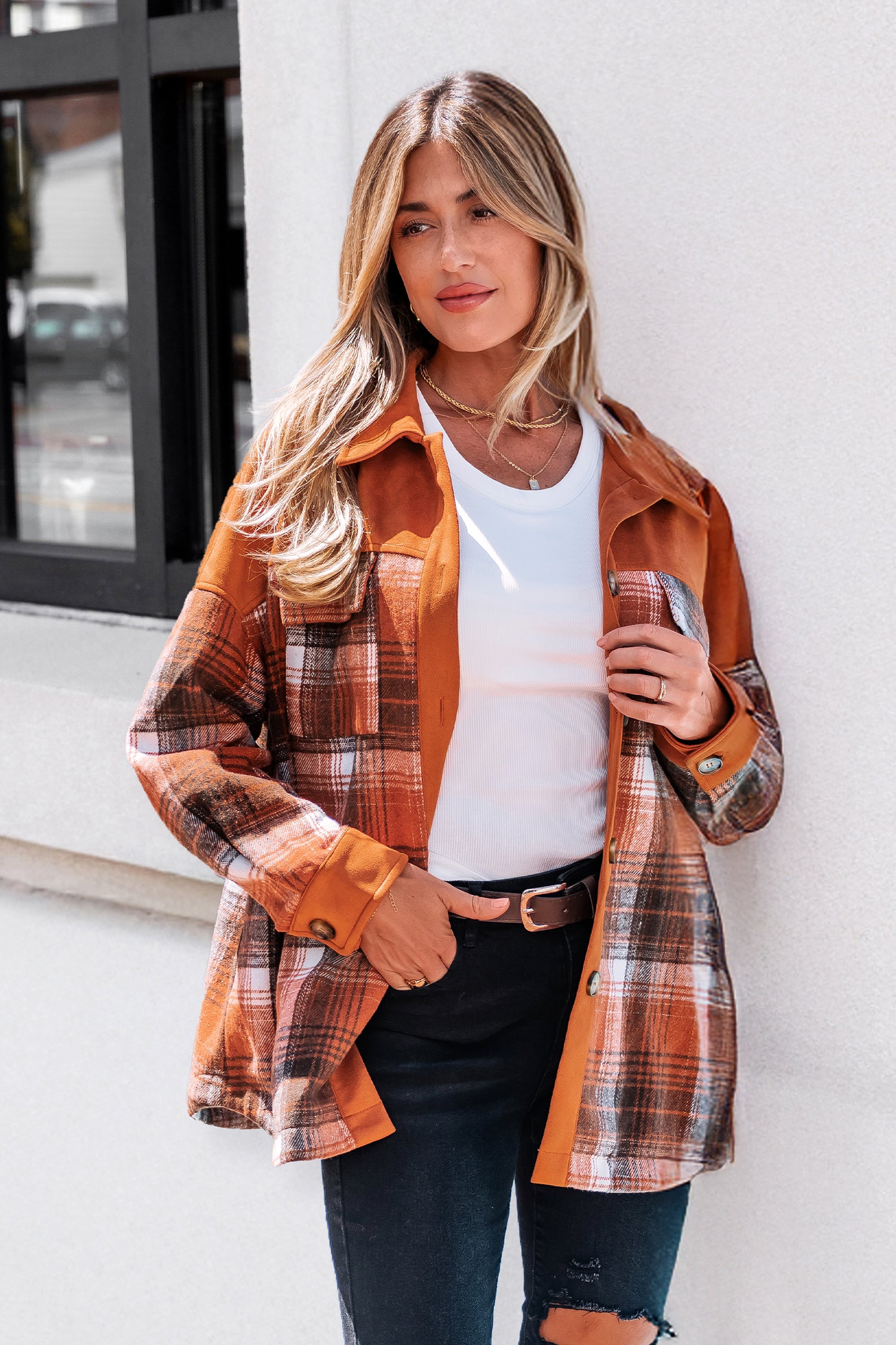 Orange Karierte Jacke mit Taschen