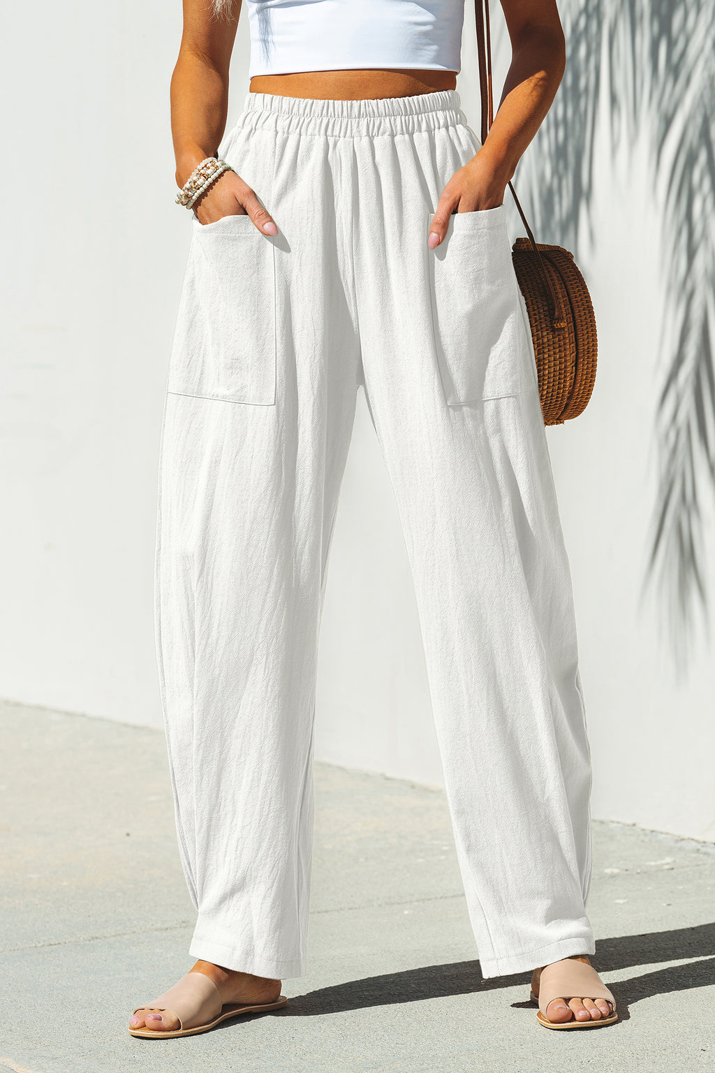 Weiße Elastischer Bund Stoffhose