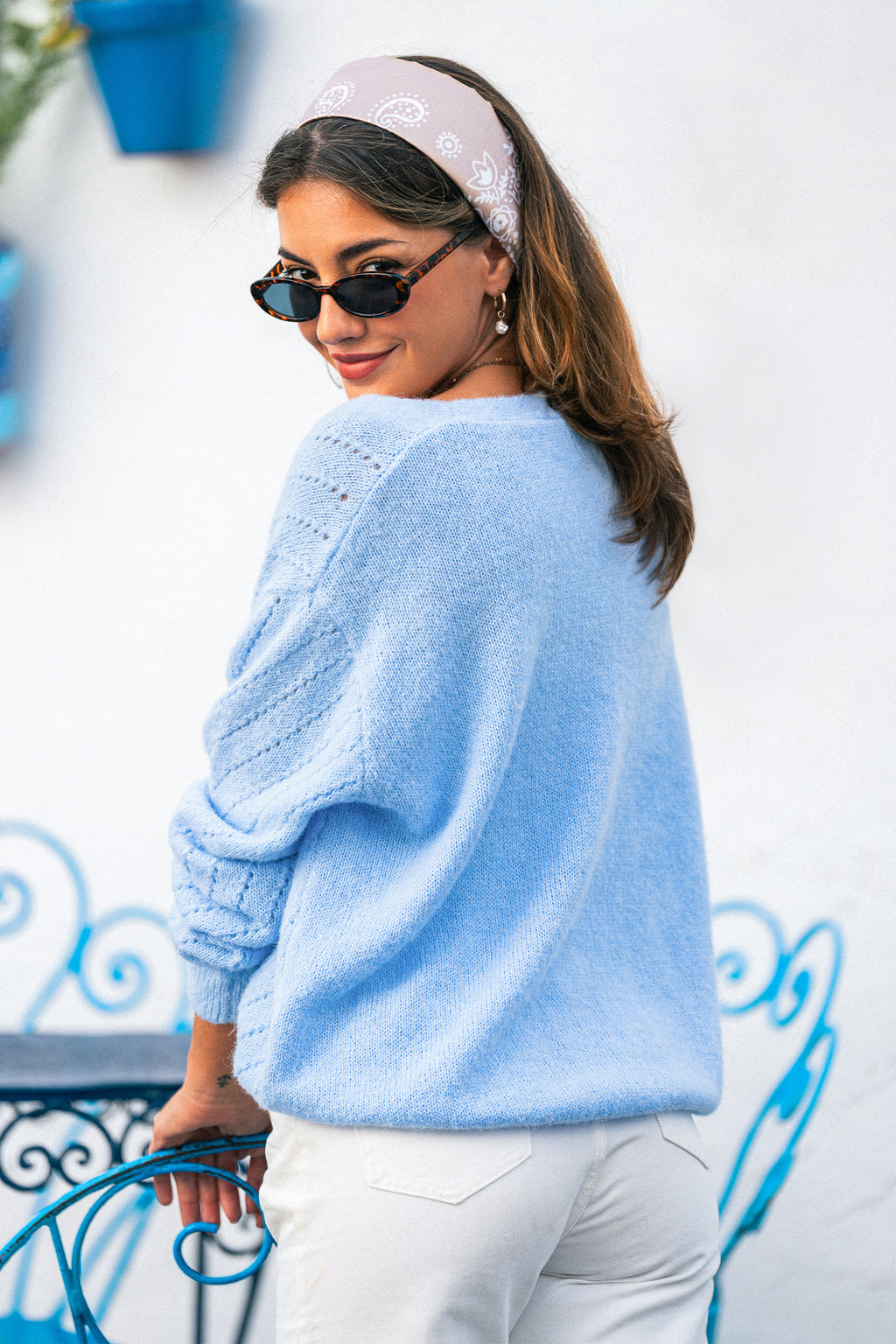 Blaue V-Ausschnitt Strickjacke mit Knopfleiste vorne