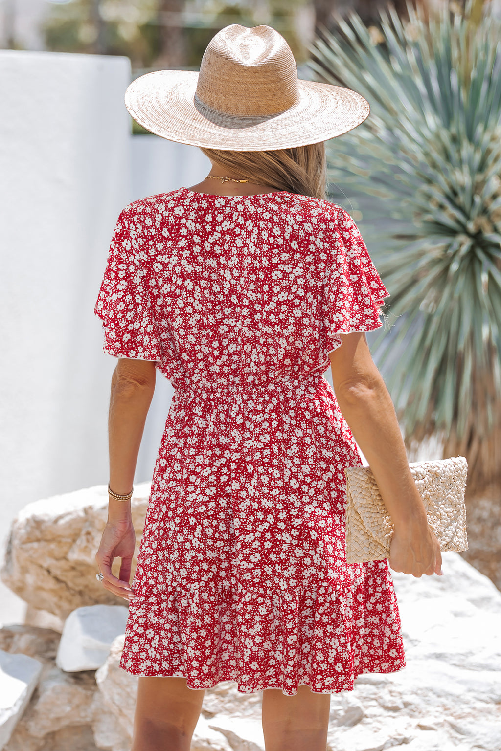 Rotes Geblümtes Kurzarm V-Ausschnitt Mini-Sommerkleid