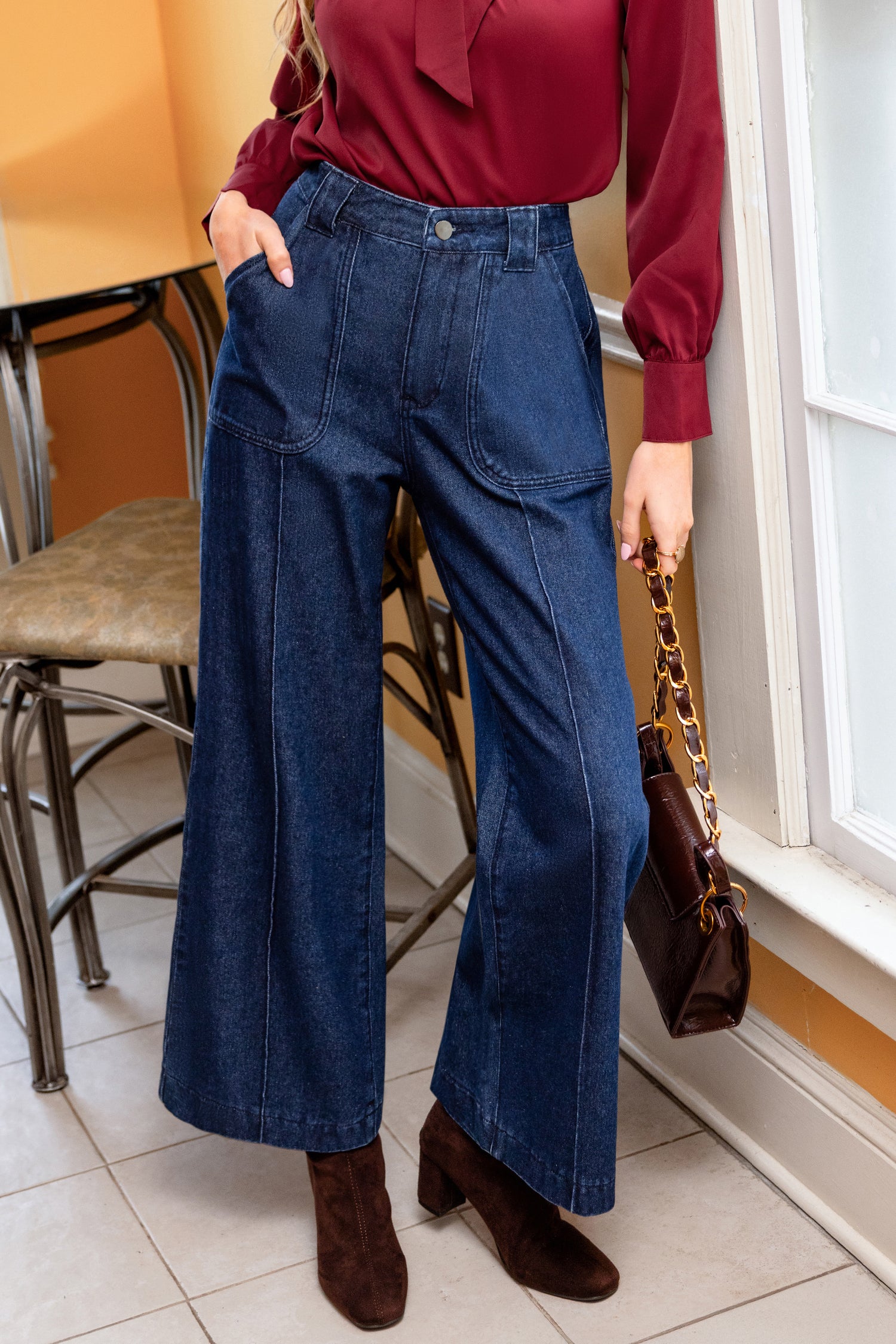 Blaue Wide Leg Jeans mit Tasche