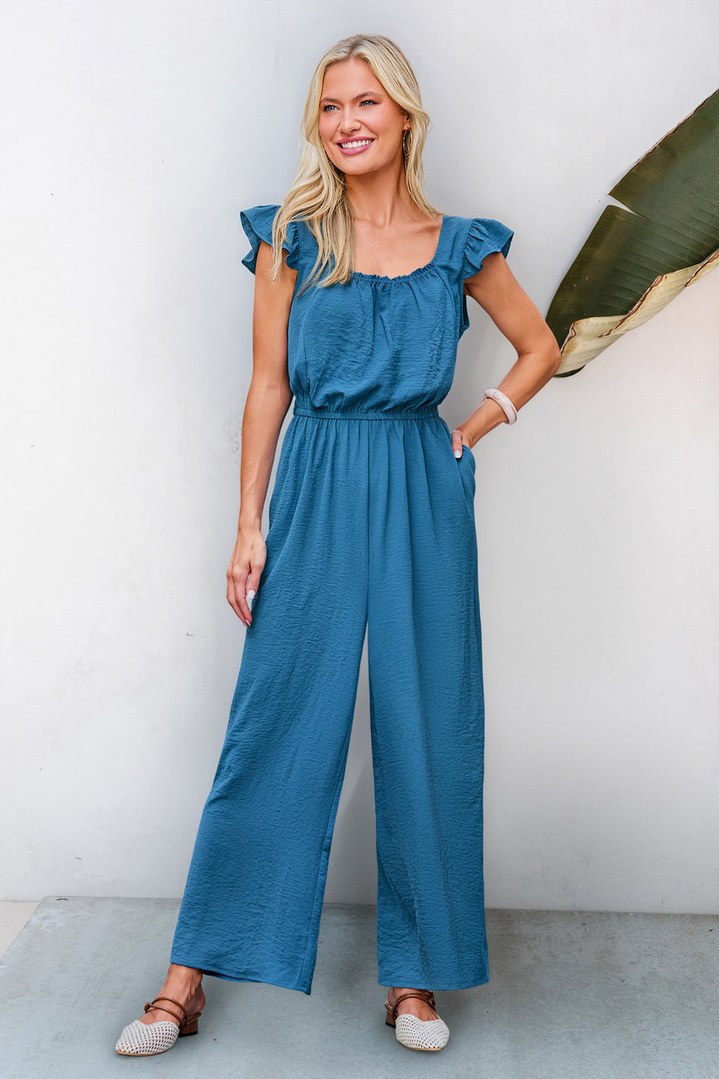 Blauer Gerader Ausschnitt Jumpsuit