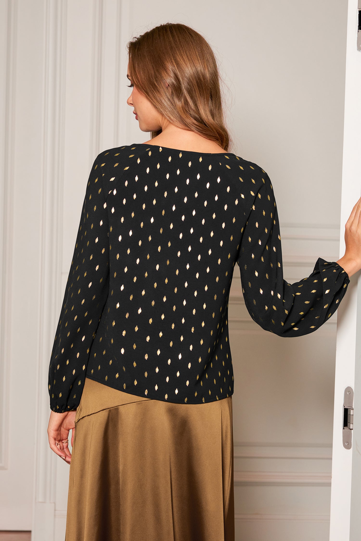 Schwarzes Geometrisches Rundhals Langarm Top