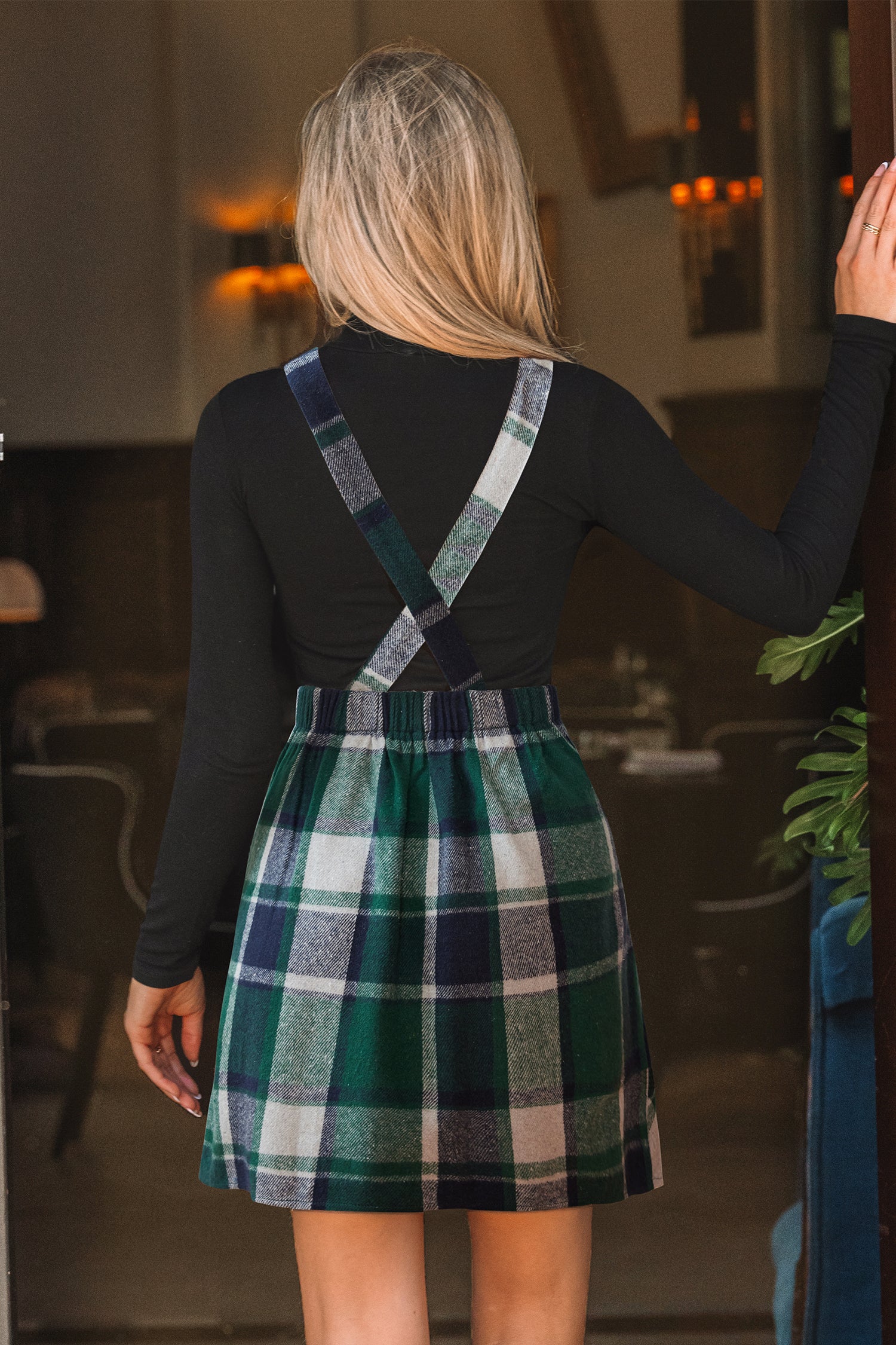 Grünes Kariertes Quadratischer Ausschnitt Minikleid
