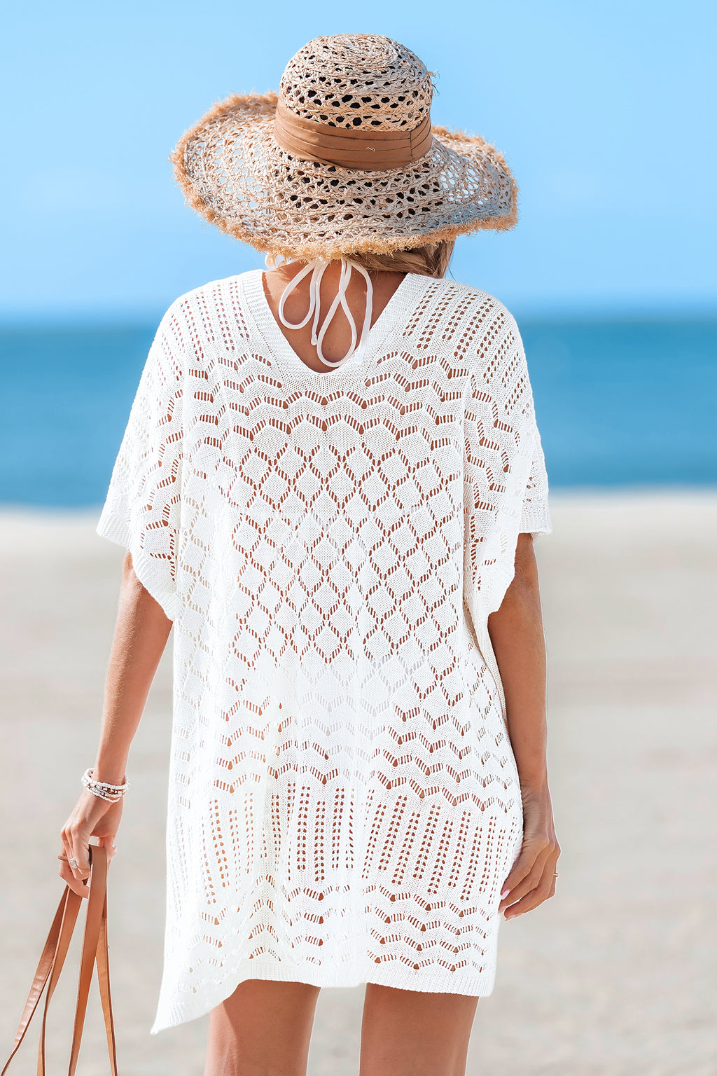 Weißes Kurzarm V-Ausschnitt Strick-Mini-Strandkleid