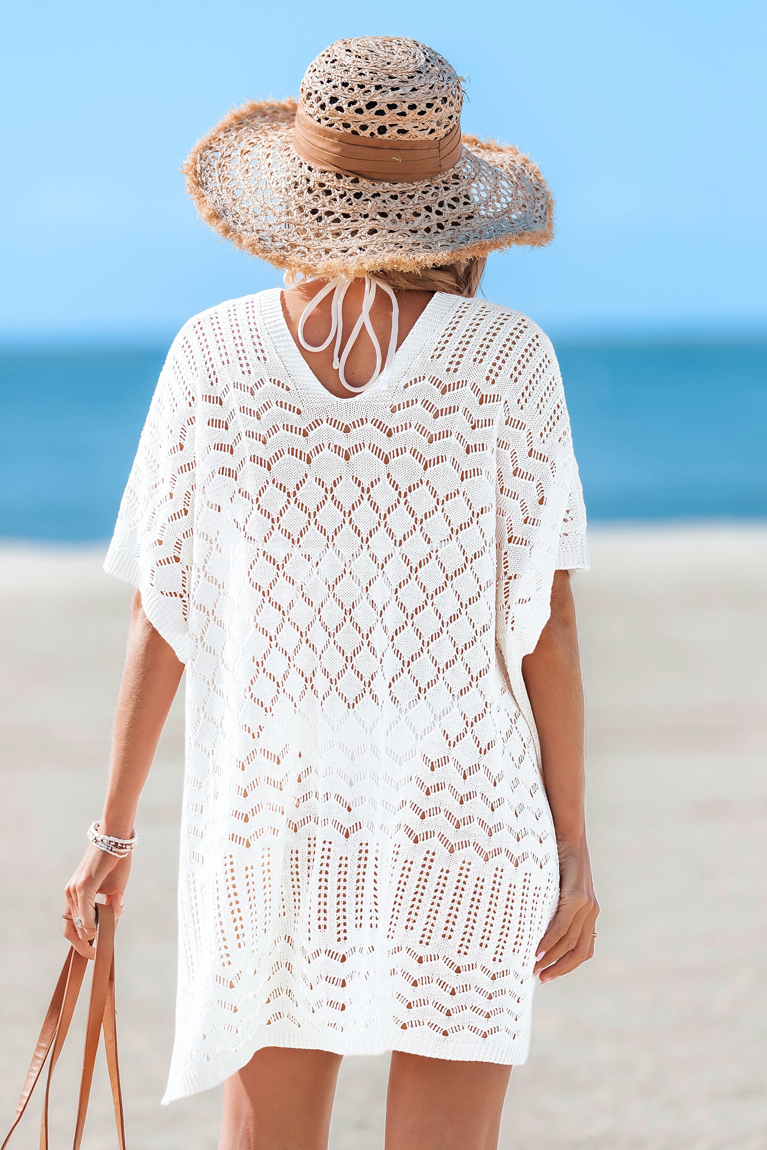 Weißes Kurzarm V-Ausschnitt Strick-Mini-Strandkleid